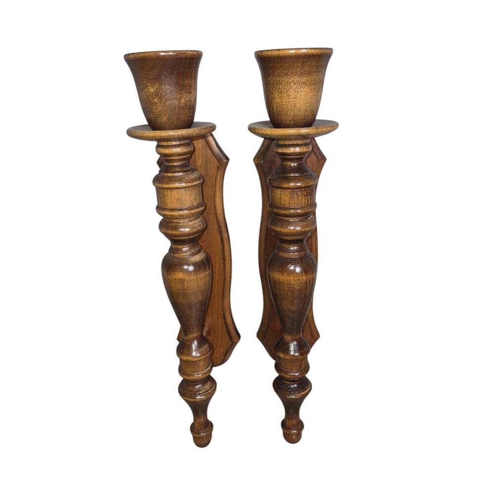 Vintage MCM Pair Turned Wood Wall Candle Sconces 1970s 16"